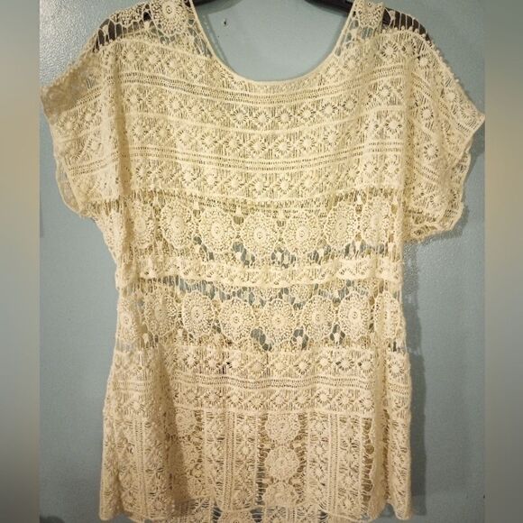 - Short sleeve mixed pattern crochet lace top - Picture 1 of 11